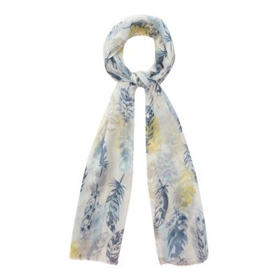 Navy feather print tasselled scarf
